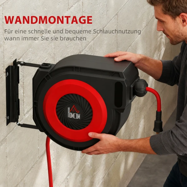 Slanghaspel Met Intrekmechanisme, 16,5 M Lange Slang, Wandmontage, Rood+Zwart