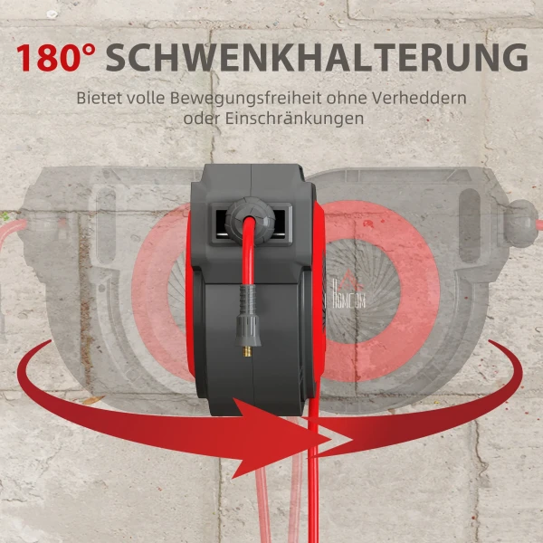 Slanghaspel Met Intrekmechanisme, 16,5 M Lange Slang, Wandmontage, Rood+Zwart