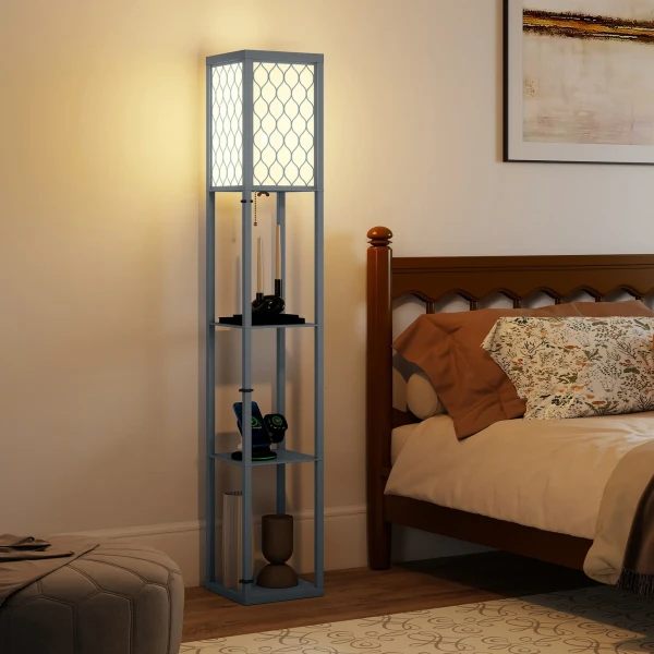 Staande Lamp Met Plank, 3 Vakken, Compacte Afmetingen, MDF, Lichtgrijs