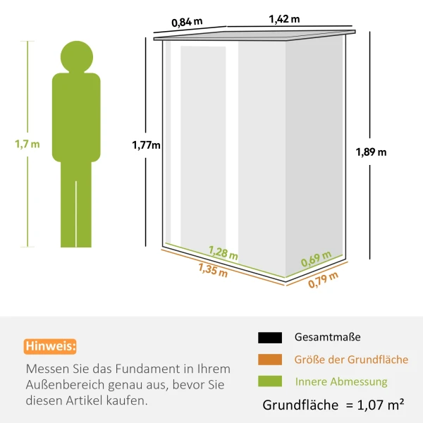 Tuinhuisje 1,07 M² Met Schuin Dak, 142 X 84 X 189 Cm Tuinschuur Met Afsluitbare Deur, Tuinhuis, Staal, Bruin