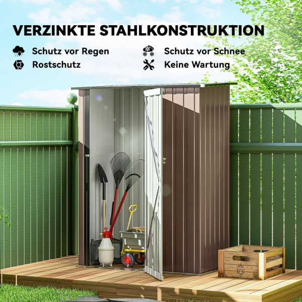 Tuinhuisje 1,07 M² Met Schuin Dak, 142 X 84 X 189 Cm Tuinschuur Met Afsluitbare Deur, Tuinhuis, Staal, Bruin