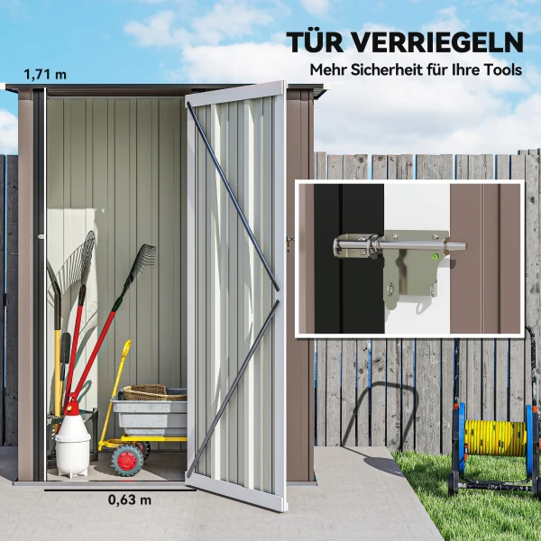 Tuinhuisje 1,07 M² Met Schuin Dak, 142 X 84 X 189 Cm Tuinschuur Met Afsluitbare Deur, Tuinhuis, Staal, Bruin