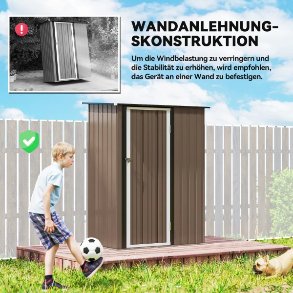 Tuinhuisje 1,07 M² Met Schuin Dak, 142 X 84 X 189 Cm Tuinschuur Met Afsluitbare Deur, Tuinhuis, Staal, Bruin