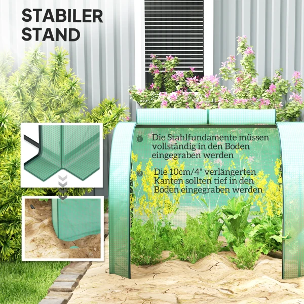 Tunnelkas, 4 Ramen Met Ritssluiting, Stalen Frame, Robuuste Zeildoek, 395 X 100 X 80 Cm, Groen