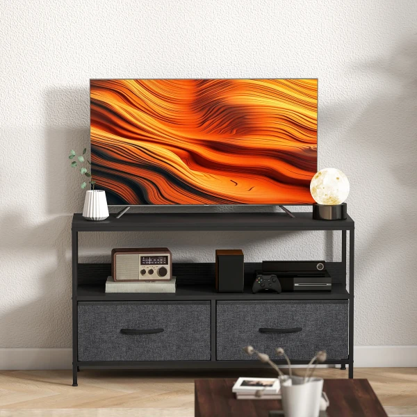 TV meubel Lowboard Met 2 Lades, Open Vak, Geschikt Voor Televisies Tot 47 Inch, 98 X 29 X 56 Cm, Zwart+Donkergrijs