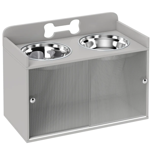 Verhoogde Voederstation Met 2 Kommen En Kast, MDF, Roestvrij Staal, Botpatroon, Grijs