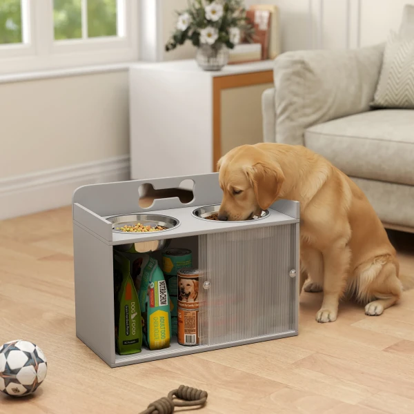 Verhoogde Voederstation Met 2 Kommen En Kast, MDF, Roestvrij Staal, Botpatroon, Grijs