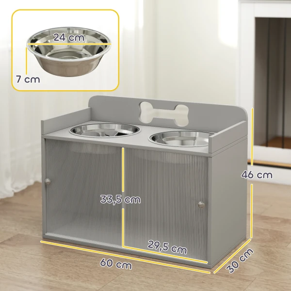 Verhoogde Voederstation Met 2 Kommen En Kast, MDF, Roestvrij Staal, Botpatroon, Grijs