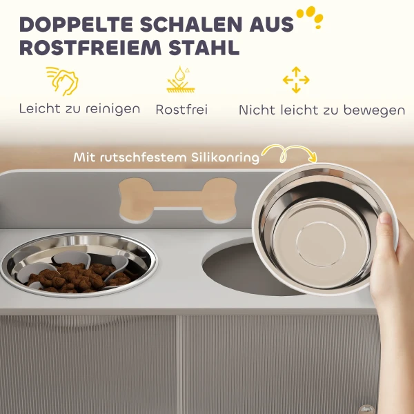 Verhoogde Voederstation Met 2 Kommen En Kast, MDF, Roestvrij Staal, Botpatroon, Grijs