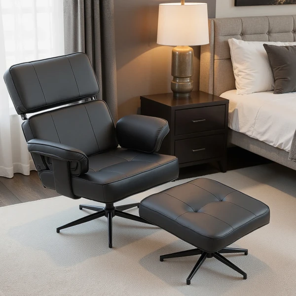 Verstelbare Ligstoel Met Voetenbank, Kunstleder Bekleding, In Hoogte Verstelbare Hoofdsteun, Metalen Basis, Zwart