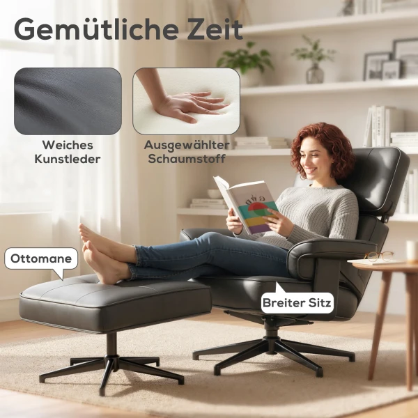 Verstelbare Ligstoel Met Voetenbank, Kunstleder Bekleding, In Hoogte Verstelbare Hoofdsteun, Metalen Basis, Zwart