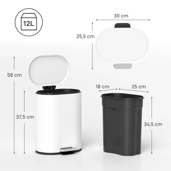 Vuilnisbak 12L Pedaalemmer Afvalemmer Met Deksel, Voetpedaal, Binnenemmer, Soft Close Functie, 30 X 25,5 X 37,5 Cm, Wit