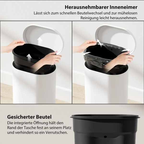 Vuilnisbak 12L Pedaalemmer Afvalemmer Met Deksel, Voetpedaal, Binnenemmer, Soft Close Functie, 30 X 25,5 X 37,5 Cm, Wit