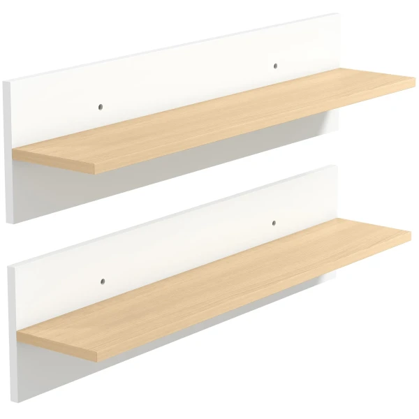 Wandplank 2 delige Set Zwevend Rek, Wandbord, Plank Voor Presentatie, Voor Keuken, Woonkamer, Wit+Natuurhout