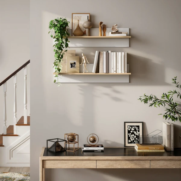 Wandplank 2 delige Set Zwevend Rek, Wandbord, Plank Voor Presentatie, Voor Keuken, Woonkamer, Wit+Natuurhout