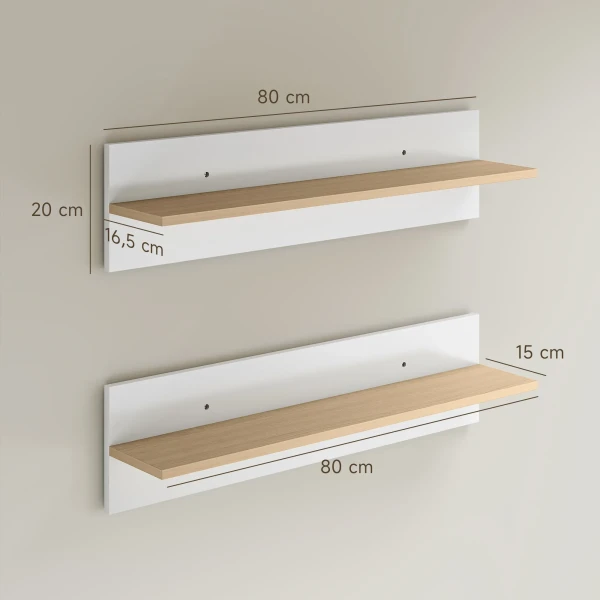 Wandplank 2 delige Set Zwevend Rek, Wandbord, Plank Voor Presentatie, Voor Keuken, Woonkamer, Wit+Natuurhout