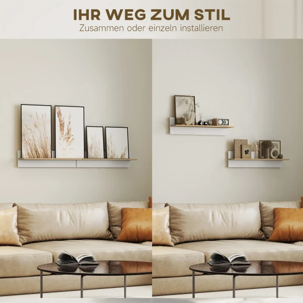 Wandplank 2 delige Set Zwevend Rek, Wandbord, Plank Voor Presentatie, Voor Keuken, Woonkamer, Wit+Natuurhout