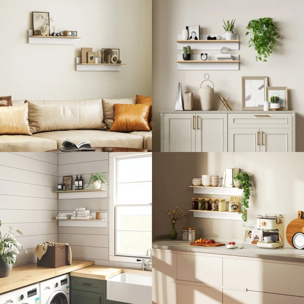 Wandplank 2 delige Set Zwevend Rek, Wandbord, Plank Voor Presentatie, Voor Keuken, Woonkamer, Wit+Natuurhout