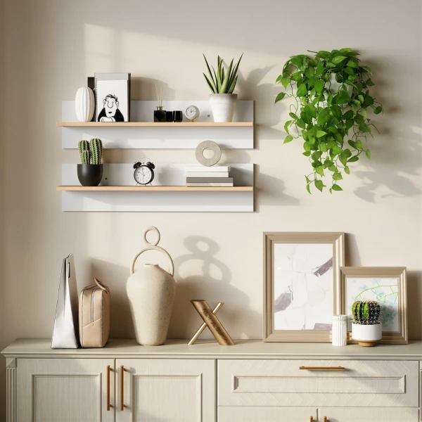 Wandplank 2 delige Set Zwevend Rek, Wandbord, Plank Voor Presentatie, Voor Keuken, Woonkamer, Wit+Natuurhout