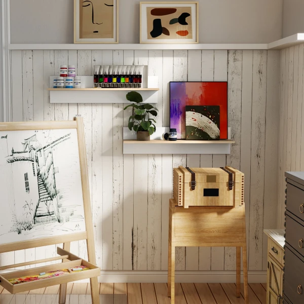 Wandplank 2 delige Set Zwevend Rek, Wandbord, Plank Voor Presentatie, Voor Keuken, Woonkamer, Wit+Natuurhout