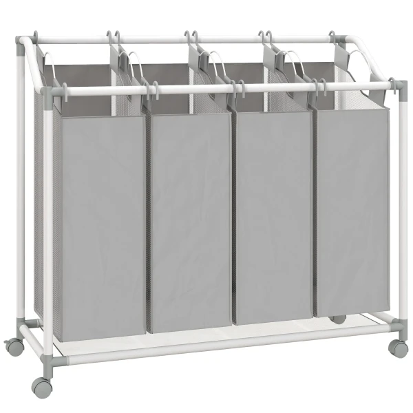Wasmand Met 4 Vakken 160 L Wasverzamelaar Met Wielen, Uitneembare Waszak, 97 X 38 X 81 Cm, Grijs