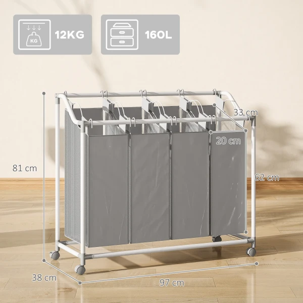 Wasmand Met 4 Vakken 160 L Wasverzamelaar Met Wielen, Uitneembare Waszak, 97 X 38 X 81 Cm, Grijs
