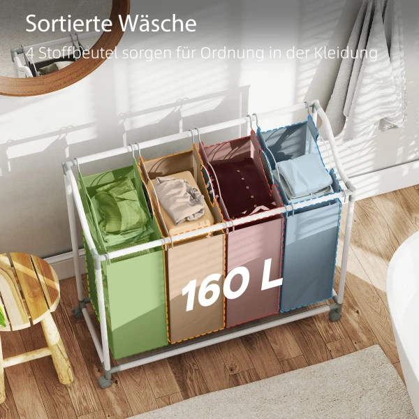 Wasmand Met 4 Vakken 160 L Wasverzamelaar Met Wielen, Uitneembare Waszak, 97 X 38 X 81 Cm, Grijs