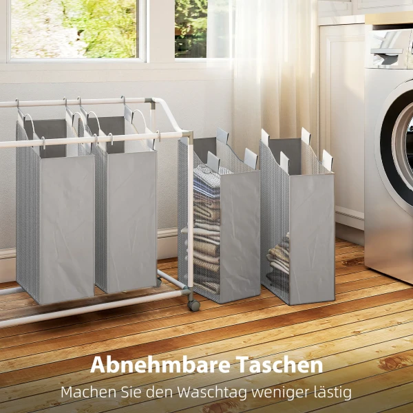 Wasmand Met 4 Vakken 160 L Wasverzamelaar Met Wielen, Uitneembare Waszak, 97 X 38 X 81 Cm, Grijs