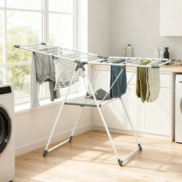 Wasrek 1,565 M Drooglengte Opvouwbare Staande Droger Met 2 Niveaus, Verstelbare Vleugels, Vleugelwasrek, Wit