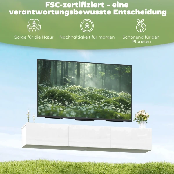 Zwevend TV meubel, Wandmontage, 3 Laden, Veel Opbergruimte, 180 Cm, Spaanplaat, Wit