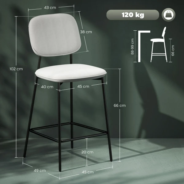 2 delige Set Barkrukken, Bistrokrukken Met Voetensteun, Fluwelen Bekleding, Stalen Poten, Voor Eetkamer, 45 X 49 X 102 Cm, Lichtgrijs