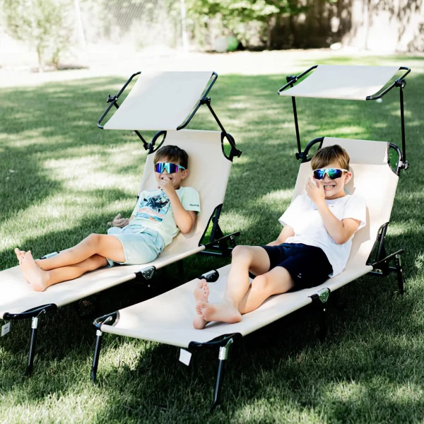 2 delige Set Opvouwbare Zonneligstoel Tuinligstoel Met Zonnedak 5 voudig Verstelbare Rugleuning Bruin