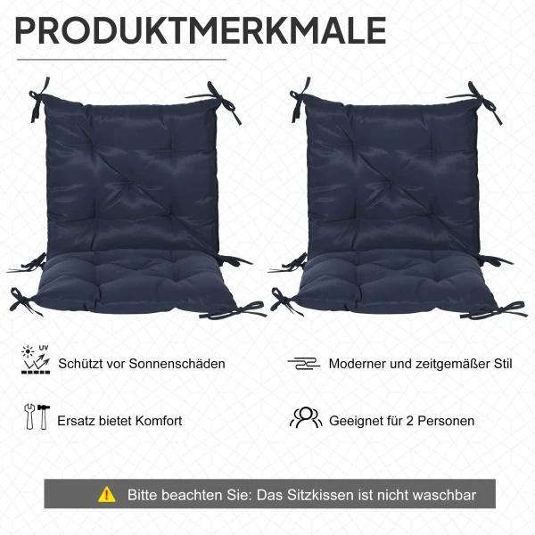 2 delige Set Zitkussens, 98 X 50 Cm Stoelkussens Met Bindlinten, Stoffen Hoes, 8cm Dik Donkerblauw