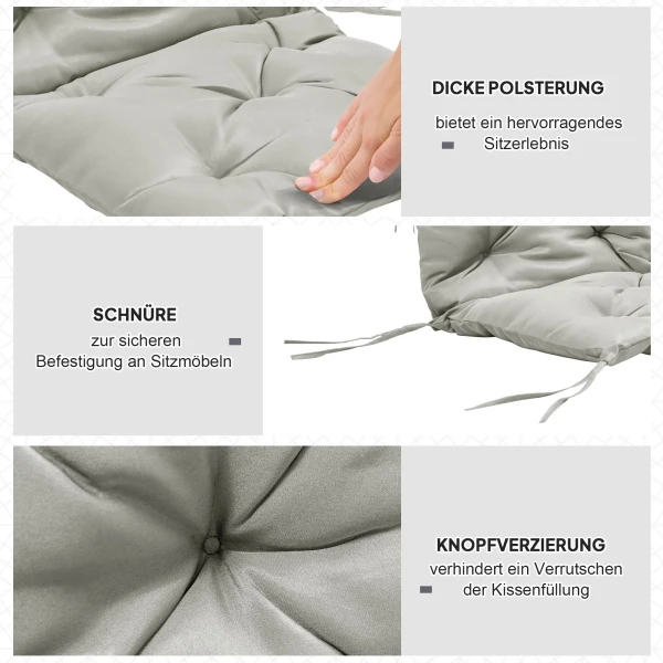 2 delige Set Zitkussens, 98 X 50 Cm Stoelkussens Met Bindlinten, Stoffen Hoes, 8cm Dik Lichtgrijs