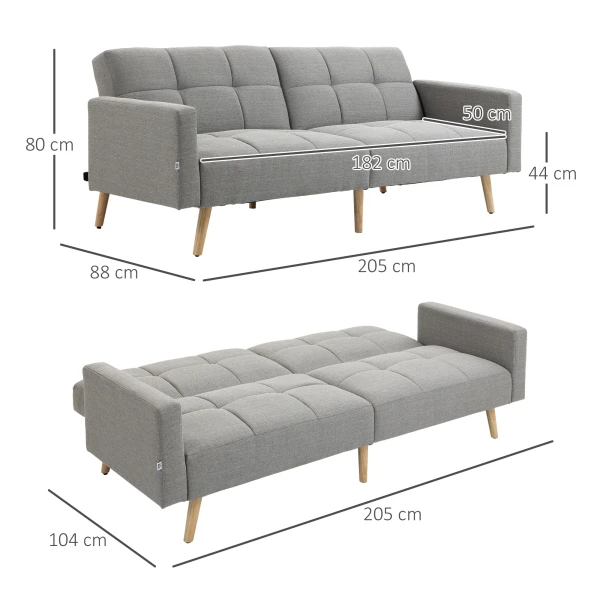2 In 1 Slaapbank 205 X 88 Cm Sofa Met Bedfunctie, Bank Met Zitkussen, Linnenlook Grijs