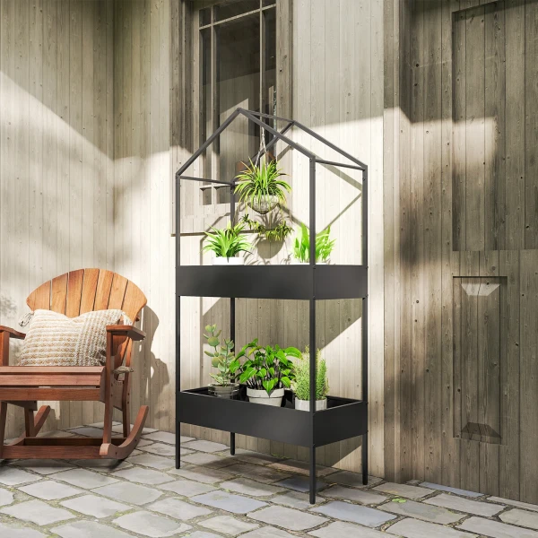 2 laags Plantenstandaard In Huisvorm, 150 Cm Hoog Bloemenstandaard Met Haken, Metaal Zwart