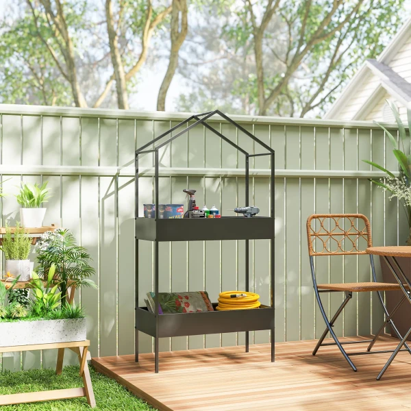 2 laags Plantenstandaard In Huisvorm, 150 Cm Hoog Bloemenstandaard Met Haken, Metaal Zwart