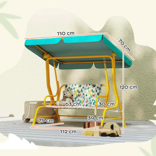 2 zits Kinder Hollywoodschommel Met Verstelbaar Zonnedak Veiligheidsgordel Voor 3 6 Jaar Tot 60 Kg 112x75x120cm Groen