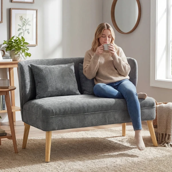 2 zitsbank, Klein Chenille Bank Met Vleugelrug, Dikke Zitting, Rubberboomhouten Poten, Grijs