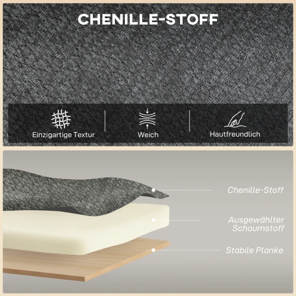 2 zitsbank, Klein Chenille Bank Met Vleugelrug, Dikke Zitting, Rubberboomhouten Poten, Grijs
