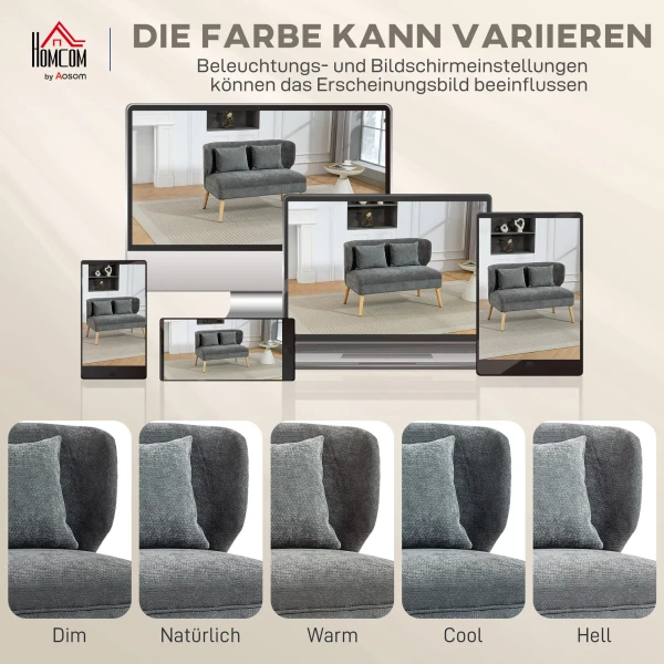 2 zitsbank, Klein Chenille Bank Met Vleugelrug, Dikke Zitting, Rubberboomhouten Poten, Grijs