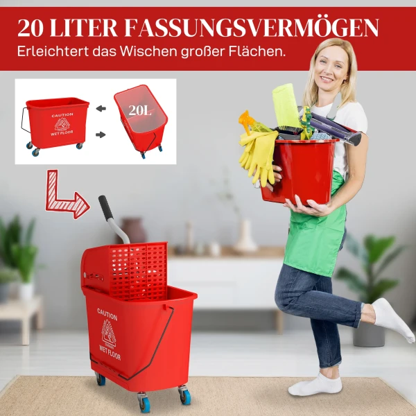 20 L Mopemmer Met Wringer En Handvat, Dweilemmer Op Wielen, Kunststof, Rood