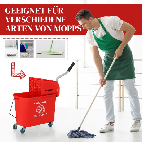 20 L Mopemmer Met Wringer En Handvat, Dweilemmer Op Wielen, Kunststof, Rood
