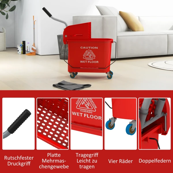 20 L Mopemmer Met Wringer En Handvat, Dweilemmer Op Wielen, Kunststof, Rood