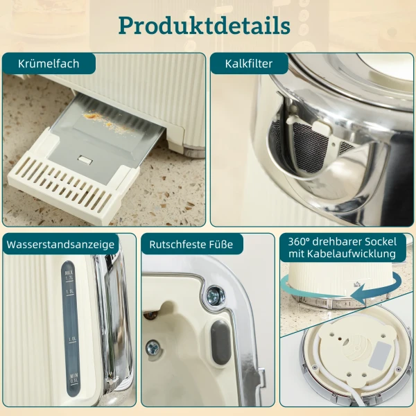 2200W, 1,7L Waterkoker Met Snelkookfunctie, Kalkfilter En 4 Sneden Broodrooster Met 7 Bruiningsniveaus, Crèmewit