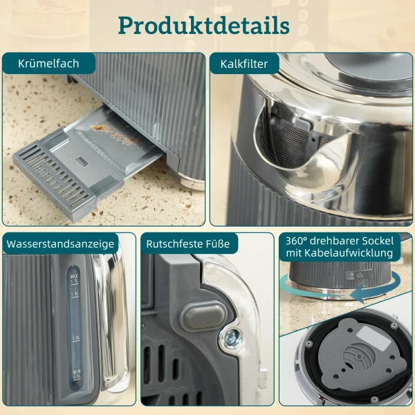 2200W, 1,7L Waterkoker Met Snelkookfunctie, Kalkfilter En 4 Sneetjes Broodrooster Met 7 Bruiningsniveaus, Grijs