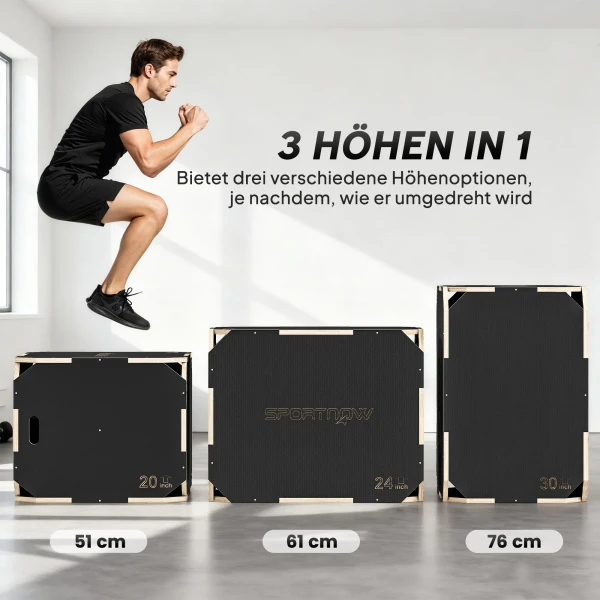 3 in 1 Plyo Box, Sprungbox Met Handvatopeningen, Voor Thuisfitness En Buitenworkouts, 3 Spronghoogtes, Hout, Zwart