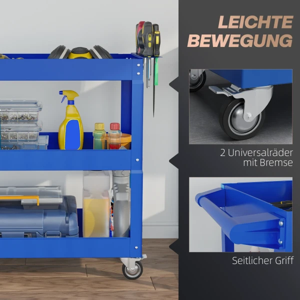 3 laags Gereedschapswagen, 4 Wielen, Staal, 83B X 35,3T X 76H Cm, Blauw