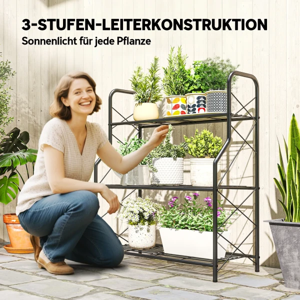 3 laags Plantenstandaard, 78 Cm Hoog Bloemenstandaard Met Handvatten, Metalen Plantenrek Zwart