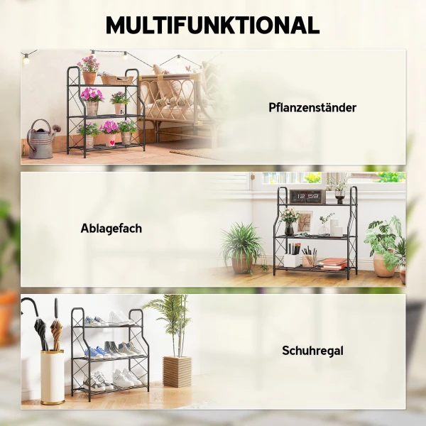 3 laags Plantenstandaard, 78 Cm Hoog Bloemenstandaard Met Handvatten, Metalen Plantenrek Zwart